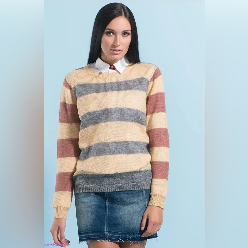 Miss Sixty Mohair Blend Stripe Knit Crewneck Sweater - S